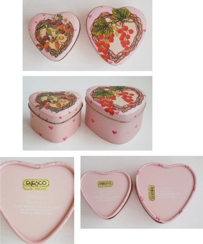 画像1: 1980's "ENESCO BERRY" Heart Shaped Metal Tins【2点set】