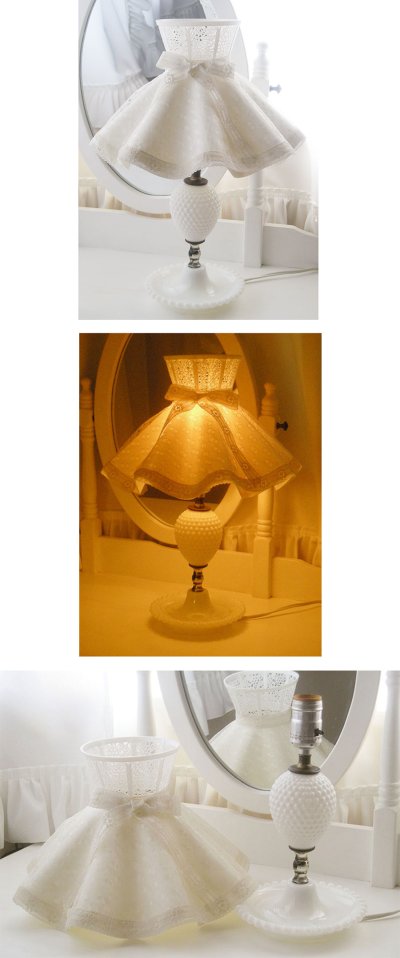 画像1: 1950-60's Ruffle Shade "DOUBLE DOTS with FLOWER RIBBON" Hobnail Lamp 