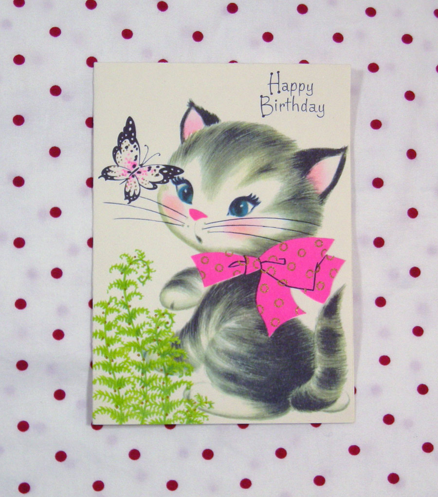 画像1: "Happy Birthday Pink Ribbon" KITTEN CARD (1)